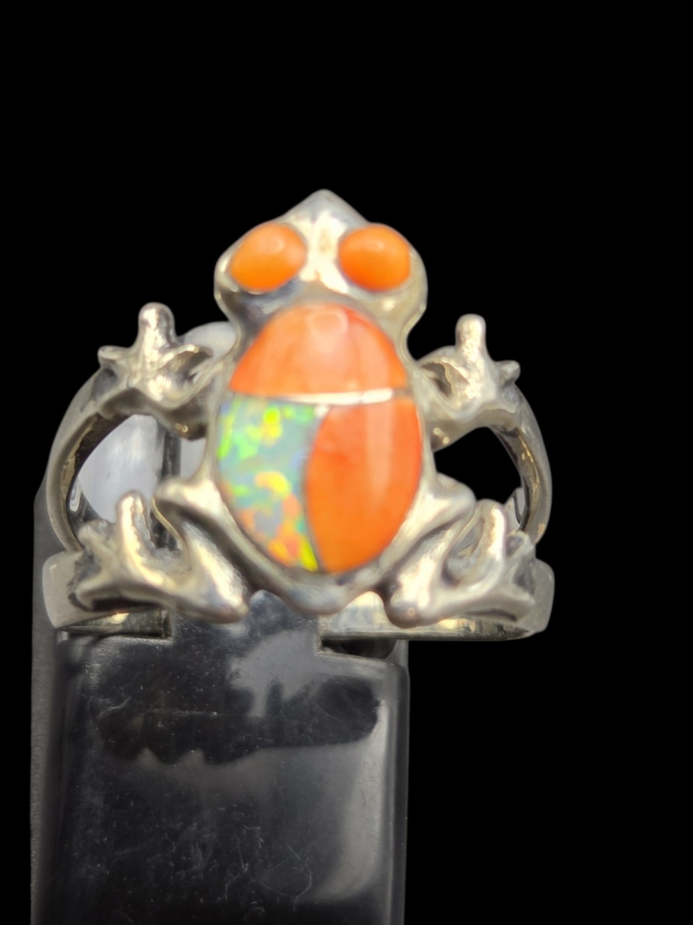 Sterling Silver Frog Ring with Orange Spiny Oyster Opal Inlay 8